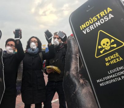 SETEM activists protest the use of toxic chemicals in mobile phones at the MWC